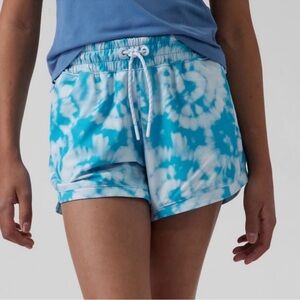 Athleta Girl All Play‎ 3" Shorts Blue White Tie Dye Zip Pockets